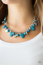 Load image into Gallery viewer, Featuring round and asymmetrical shapes, shiny silver and blue beads swing from the bottom of a bold silver chain, creating a flirtatious fringe below the collar. Features an adjustable clasp closure.  Sold as one individual necklace. Includes one pair of matching earrings.  Always nickel and lead free.