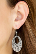 Load image into Gallery viewer, The bottom of a glistening silver lure is stamped in a whimsical floral pattern for a seasonal look. Earring attaches to a standard fishhook fitting.  Sold as one pair of earrings.