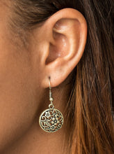 Load image into Gallery viewer, Glistening floral filigree blooms across a circular brass frame for a whimsical seasonal look. Earring attaches to a standard fishhook fitting.  Sold as one pair of earrings.