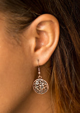 Load image into Gallery viewer, Glistening floral filigree blooms across a circular copper frame for a whimsical seasonal look. Earring attaches to a standard fishhook fitting.  Sold as one pair of earrings.