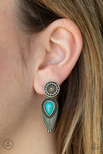 Load image into Gallery viewer, An ornate brass disc attaches to a double-sided post, designed to fasten behind the ear. Dotted with a turquoise stone center, the feathery double-sided post peeks out beneath the ear for a bold artisan look. Earring attaches to a standard post fitting.  Sold as one pair of double-sided post earrings.  Always nickel and lead free.