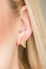 Load image into Gallery viewer, Brushed in a high-sheen finish, a dainty gold feather glistens from the ear for a simply seasonal look. Earring attaches to a standard post fitting.  Sold as one pair of post earrings.  Always nickel and lead free.