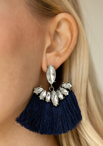 A solitaire marquise -cut rhinestone gives way to a plume of shiny blue thread crowned in a matching rhinestone encrusted fringe for a glamorous look. Earring attaches to a standard post fitting.  Sold as one pair of post earrings.