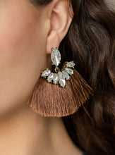 Load image into Gallery viewer, A solitaire marquise-cut rhinestone gives way to a plume of shiny brown thread crowned in a matching rhinestone encrusted fringe for a glamorous look. Earring attaches to a standard post fitting.  Sold as one pair of post earrings.