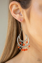 Load image into Gallery viewer, Dainty orange and silver beads swing from the top and bottom of a shimmery silver half-moon frame, creating a vivacious fringe. Earring attaches to a standard fishhook fitting.  Sold as one pair of earrings.  Always nickel and lead free