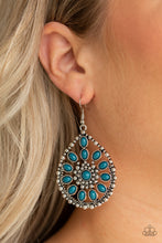 Load image into Gallery viewer, Refreshing blue beads collect into a floral pattern inside of a studded silver teardrop, creating a whimsical frame. Earring attaches to a standard fishhook fitting.  Sold as one pair of earrings.  Always nickel and lead free.