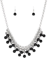 Load image into Gallery viewer, Rows of classic silver and shiny black beads trickle from two rows of interlocking silver chains, creating a bold colorful fringe below the collar. Features and adjustable clasp closure.  Sold as one individual necklace. Includes one pair of matching earrings.