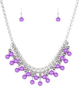 Load image into Gallery viewer, Rows of classic silver and vivacious purple beads trickle from two rows of interlocking silver chains, creating a bold colorful fringe below the collar. Features and adjustable clasp closure.  Sold as one individual necklace. Includes one pair of matching earrings.   
