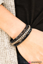 Load image into Gallery viewer, Dazzling black rhinestones, gold chain, and glassy emerald-cut beading embellishes a black suede band that has been spliced into undeniable rows of sparkle. Features an adjustable snap closure.  Sold as one individual bracelet.  Always nickel and lead free.