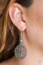 Load image into Gallery viewer, A refreshing green bead gives way to a shimmery round frame radiating with whimsical floral filigree for a seasonal look. Earring attaches to a standard fishhook fitting.  Sold as one pair of earrings.  Always nickel and lead free.