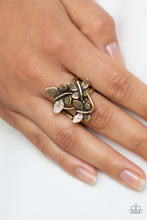 Load image into Gallery viewer, A trio of fluttering brass butterflies rest atop the finger, coalescing into a whimsical centerpiece. Features a stretchy band for a flexible fit.  Sold as one individual ring.  Always nickel and lead free.