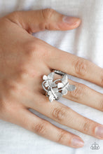 Load image into Gallery viewer, A trio of fluttering silver butterflies rest atop the finger, coalescing into a whimsical centerpiece. Features a stretchy band for a flexible fit.  Sold as one individual ring.  Always nickel and lead free.