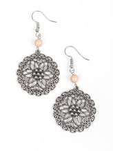 Load image into Gallery viewer, A neutral brown bead gives way to a shimmery round frame radiating with whimsical floral filigree for a seasonal look. Earring attaches to a standard fishhook fitting.  Sold as one pair of earrings.