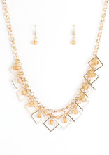Load image into Gallery viewer, Featuring a glassy shimmer, golden cube beads swing from the tops of tilted square frames, creating a fierce geometric fringe below the collar. Features an adjustable clasp closure.  Sold as one individual necklace. Includes one pair of matching earrings.