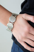 Load image into Gallery viewer, Infused with dainty silver beads, hammered silver frames are threaded along stretchy bands around the wrist for a casual look.  Sold as one individual bracelet.   Always nickel and lead free.