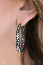 Load image into Gallery viewer, The front facing surface of a chunky gunmetal hoop is dipped in brilliantly sparkling hematite rhinestones while light-catching texture wraps around the back. The interior of the hoop features the opposite pattern, creating the illusion of a full hoop of blinding shimmer. Earring attaches to a standard post fitting. Hoop measures 1 3/4&quot; in diameter.  Always nickel and lead free.  Blockbuster!