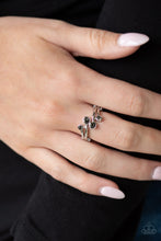 Load image into Gallery viewer, Dotted with smoky rhinestone ends, shiny silver bars fan across the finger. The dainty rhinestones collect at the center for a refined flair. Features a dainty stretchy band for a flexible fit.  Sold as one individual ring.  Always nickel and lead free.