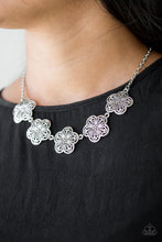 Load image into Gallery viewer, Ornate silver flowers connect below the collar for a simply seasonal look. Features an adjustable clasp closure.  Sold as one individual necklace. Includes one pair of matching earrings.  Always nickel and lead free.