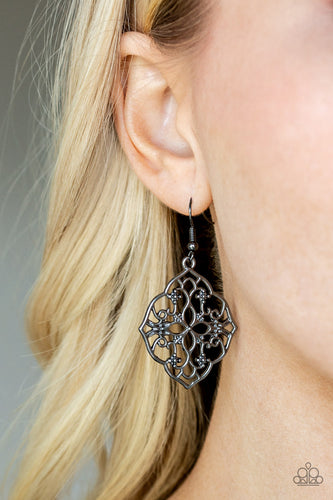 Brushed in a high sheen shimmer, glistening gunmetal filigree swirls into a whimsical floral frame for a seasonal look. Earring attaches to standard fishhook fitting.  Sold as one pair of earrings..  Always nickel and lead free.