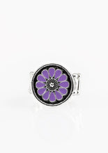 Load image into Gallery viewer, Brushed in an antiqued shimmer, vivacious purple petals spin into a whimsical floral pattern atop the finger. Features a stretchy band for a flexible fit. Sold as one individual ring.