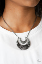 Load image into Gallery viewer, Featuring antiqued pebble-like textures, a smaller silver crescent frame swings above a larger silver crescent below the collar for an edgy stacked look. Features an adjustable clasp closure.  Sold as one individual necklace. Includes one pair of matching earrings.   Always nickel and lead free. 