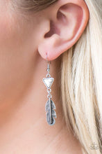 Load image into Gallery viewer, A shimmery silver feather charm swings from the bottom of a triangular white stone for a free-spirited look. Earring attaches to a standard fishhook fitting.  Sold as one pair of earrings.  Always nickel and lead free.
