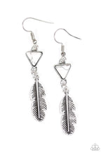 Load image into Gallery viewer, A shimmery silver feather charm swings from the bottom of a triangular white stone for a free-spirited look,