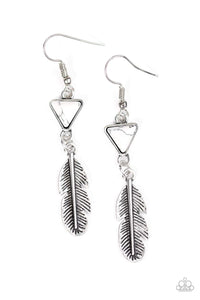 A shimmery silver feather charm swings from the bottom of a triangular white stone for a free-spirited look,