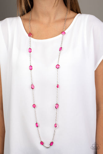 Featuring sleek silver fittings, an array of glassy pink gemstones trickle along a shimmery silver chain for a glamorous look. Features an adjustable clasp closure.  Sold as one individual necklace. Includes one pair of matching earrings.   Item #P2WH-PKXX-320XX