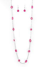 Load image into Gallery viewer, Featuring sleek silver fittings, an array of glassy pink gemstones trickle along a shimmery silver chain for a glamorous look. Features an adjustable clasp closure.  Sold as one individual necklace. Includes one pair of matching earrings.
