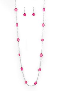 Featuring sleek silver fittings, an array of glassy pink gemstones trickle along a shimmery silver chain for a glamorous look. Features an adjustable clasp closure.  Sold as one individual necklace. Includes one pair of matching earrings.