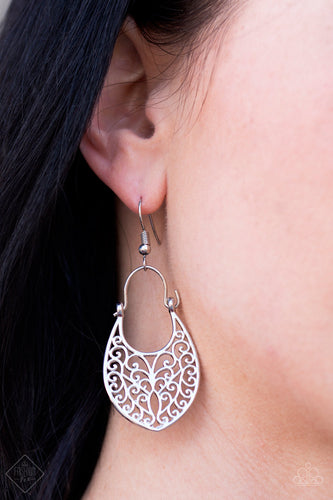 Brushed in a shiny silver finish, glistening filigree climbs a spade-shaped frame, creating a regal lure. Earring attaches to a standard fishhook fitting.  Sold as one pair of earrings.  Always nickel and lead free.