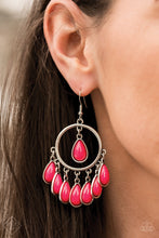 Load image into Gallery viewer, A fringe of pink beaded teardrops dangles from the bottom of a shiny silver hoop. A solitaire pink teardrop bead is suspended from the top of the hoop for a flirtatious finish. Earring attaches to a standard fishhook fitting.