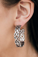 Load image into Gallery viewer, Vine-like filigree dances along a shimmery silver hoop for a seasonal look. Earring attaches to a standard post fitting. Hoop measures 1 1/2″ in diameter.