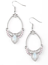 Load image into Gallery viewer, A silver teardrop frame is bordered in sparkling rhinestones and embellished with swooping silver bars and opulent pink gems across the bottom. A daring marquise cut gem sparkles at the bottom of the whimsical frame, adding a touch of glamour to the bohemian design. Earring attaches to a standard fishhook fitting.  Sold as one pair of earrings.