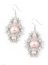Load image into Gallery viewer, Dotted in glassy white rhinestones, shimmery silver frames flare out from the center of a pearly Blooming Dahlia bead, creating a regal frame. Earring attaches to a standard fishhook fitting.  Sold as one pair of earrings.
