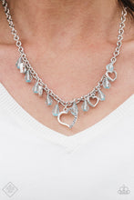 Load image into Gallery viewer, Crystal-like teardrops in the refreshing shade of Blue Radiance drip from the bottom of a shimmery silver chain. Stamped in ornate patterns, glistening silver heart silhouettes trickle between the colorful accents, creating a whimsical fringe below the collar. Features an adjustable clas