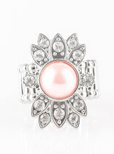 Load image into Gallery viewer, Dotted in glassy white rhinestones, shimmery silver frames flare out from the center of a pearly Blooming Dahlia bead, creating a regal centerpiece atop the finger. Features a stretchy band for a flexible fit.  Sold as one individual ring.
