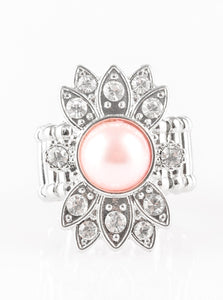 Dotted in glassy white rhinestones, shimmery silver frames flare out from the center of a pearly Blooming Dahlia bead, creating a regal centerpiece atop the finger. Features a stretchy band for a flexible fit.  Sold as one individual ring.