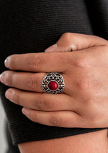 Load image into Gallery viewer, A hearty wine bead is pressed into a shimmery silver frame swirling with studded filigree, creating a colorful centerpiece atop the finger. Features a stretchy band for a flexible fit.