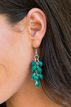 Load image into Gallery viewer, Featuring round and teardrop shapes, clusters of faceted Quetzal Green beads cascade from the ear, creating flirtatious fringe. Earring attaches to a standard fishhook fitting.  Sold as one pair of earrings.   Glimpses of Malibu Fashion Fix September 2018  Always nickel and lead free.