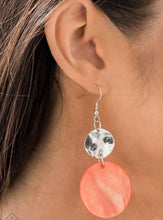 Load image into Gallery viewer, A large pearlescent disc in the spring Pantone® of Burnt Coral is topped by a wavy, sparkling silver disc. The pair sways dramatically from a silver fitting for a breezy finish. Earring attaches to a standard fishhook fitting.
