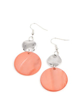 Load image into Gallery viewer, A large pearlescent disc in the spring Pantone® of Burnt Coral is topped by a wavy, sparkling silver disc. The pair sways dramatically from a silver fitting for a breezy finish. Earring attaches to a standard fishhook fitting.