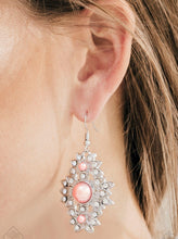 Load image into Gallery viewer, Dotted in glassy white rhinestones, shimmery silver frames flare out from the center of a pearly Blooming Dahlia bead, creating a regal frame. Earring attaches to a standard fishhook fitting.  Sold as one pair of earrings.