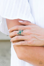 Load image into Gallery viewer, Featuring smooth and serrated surfaces, shimmery silver bars crisscross across the finger, coalescing into an airy band. Faceted Quetzal Green beads are sprinkled across the bands for a colorful finish. Features a stretchy band for a flexible fit.  Sold as one individual ring.   Glimpses of Malibu Fashion Fix September 2018  Always nickel and lead free.