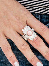 Load image into Gallery viewer, Dotted in glassy white rhinestones, shimmery silver frames flare out from the center of a pearly Blooming Dahlia bead, creating a regal centerpiece atop the finger. Features a stretchy band for a flexible fit.  Sold as one individual ring.    