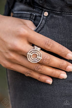 Load image into Gallery viewer, Pinched between two shiny silver fittings, shimmery textured hoops radiate into a dizzying frame atop the finger. Features a stretchy band for a flexible fit.   Glimpses of Malibu Fashion Fix  December 2018  Always nickel and lead free.