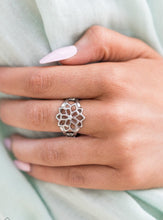 Load image into Gallery viewer, A bloom of silver petals layer one over the other with the gentle reminder to breathe deep and tap into your inner goddess. Features a dainty stretchy band for a flexible fit.