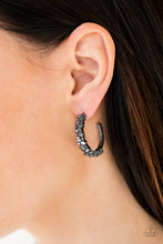 Load image into Gallery viewer, Encrusted in glassy hematite rhinestones, a thick gunmetal hoop curls around the ear for a glamorous look. Earring attaches to a standard post fitting. Hoop measures 1&quot; in diameter.  Sold as one pair of hoop earrings.  Always nickel and lead free.