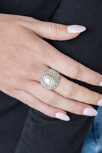 Load image into Gallery viewer, A pearly white bead is pressed into the center of a bold silver band radiating with countless white rhinestones, creating a dramatic statement piece atop the finger. Features a stretchy band for a flexible fit.  Sold as one individual ring.  Always nickel and lead free.  Life of the Party 